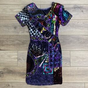 Vintage‎ Beaded Cocktail Mini Dress Full Sequin Abstract Party Vegas Glam